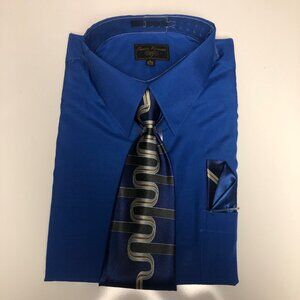 Enrico Rossini Dress Shirt Tie Pocket Square Mens Large 16-16.5 34-35 Blue NEW